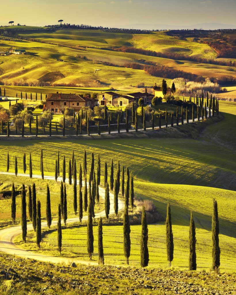 Tuscany, rural sunset landscape. Countryside farm, cypresses trees, green field, sun light and cloud. Italy, Europe.